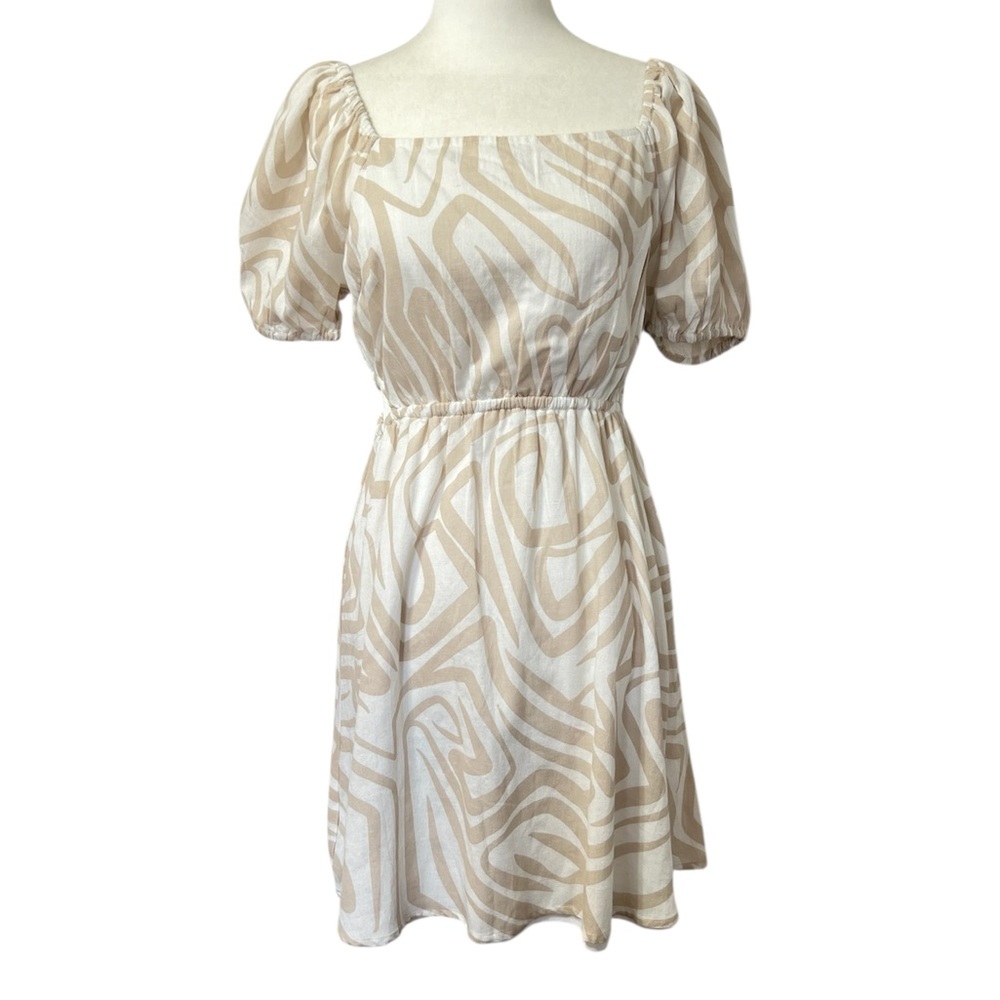 Sincerely Jules White Tan Cotton Linen Puff Sleeves Boho Flirty Mini Dress M NWT